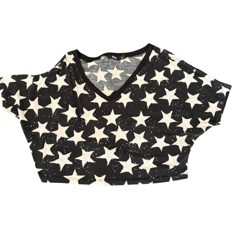 NEUE Women's Black & White Star Print V-Neck Crop Top - Size Small